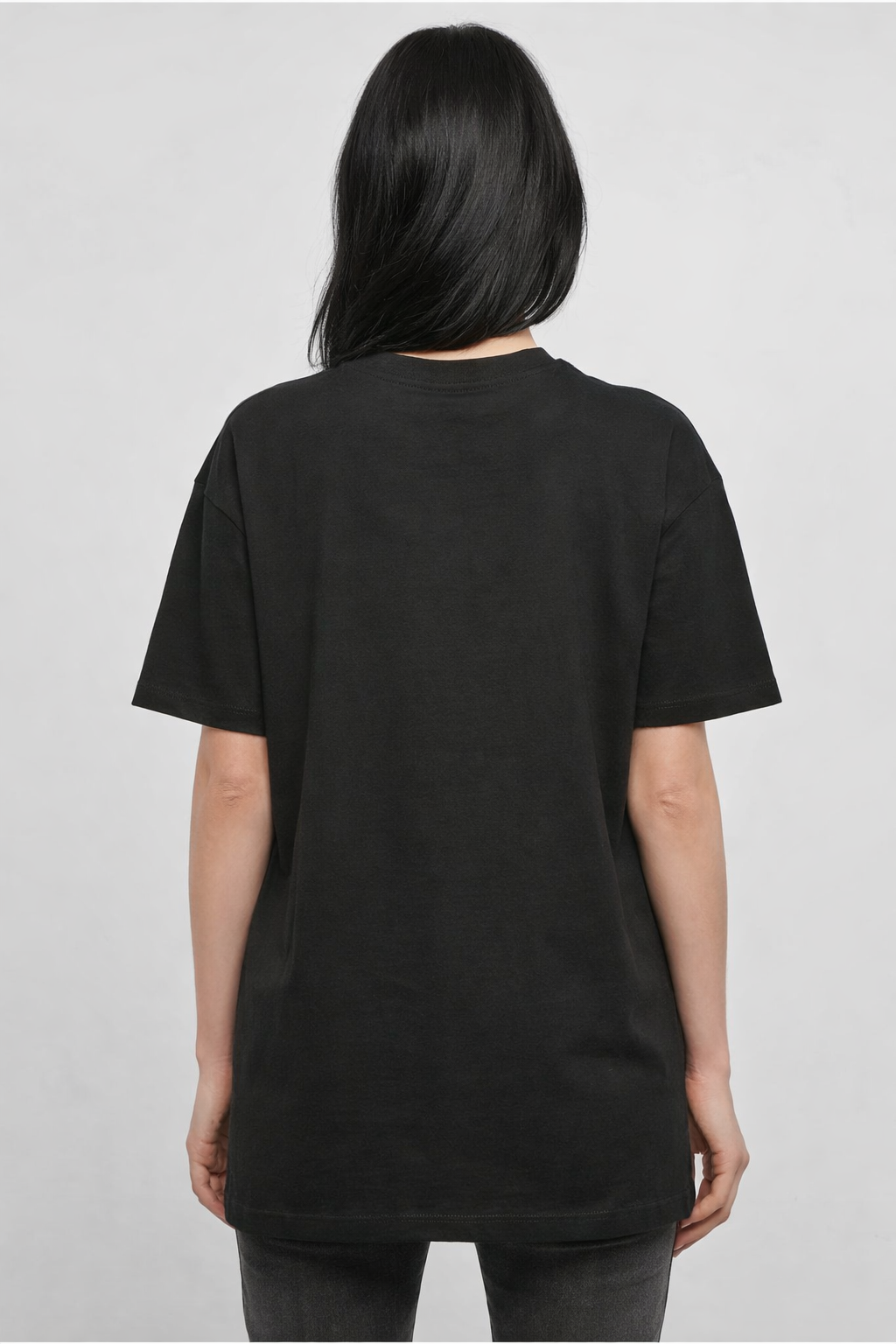 Damen Oversize T-Shirt Modelfoto Rueckenansicht schwarz – Markendruckerei