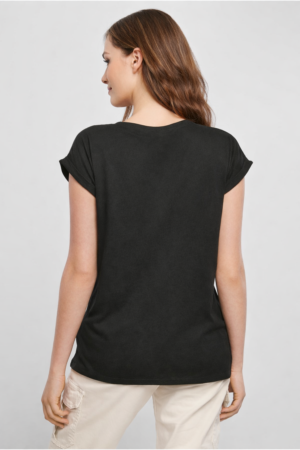 Damen T-Shirt Rundhals Rueckenansicht schwarz – Logodruck DTF