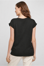 Damen T-Shirt Rundhals Rueckenansicht schwarz – Logodruck DTF