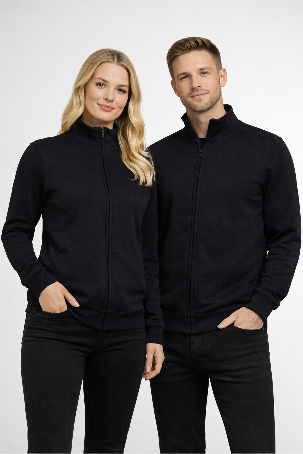Unisex Zip Jacke schwarz Modelfoto Paar – DTF Druck Markendruckerei Rhein-Main