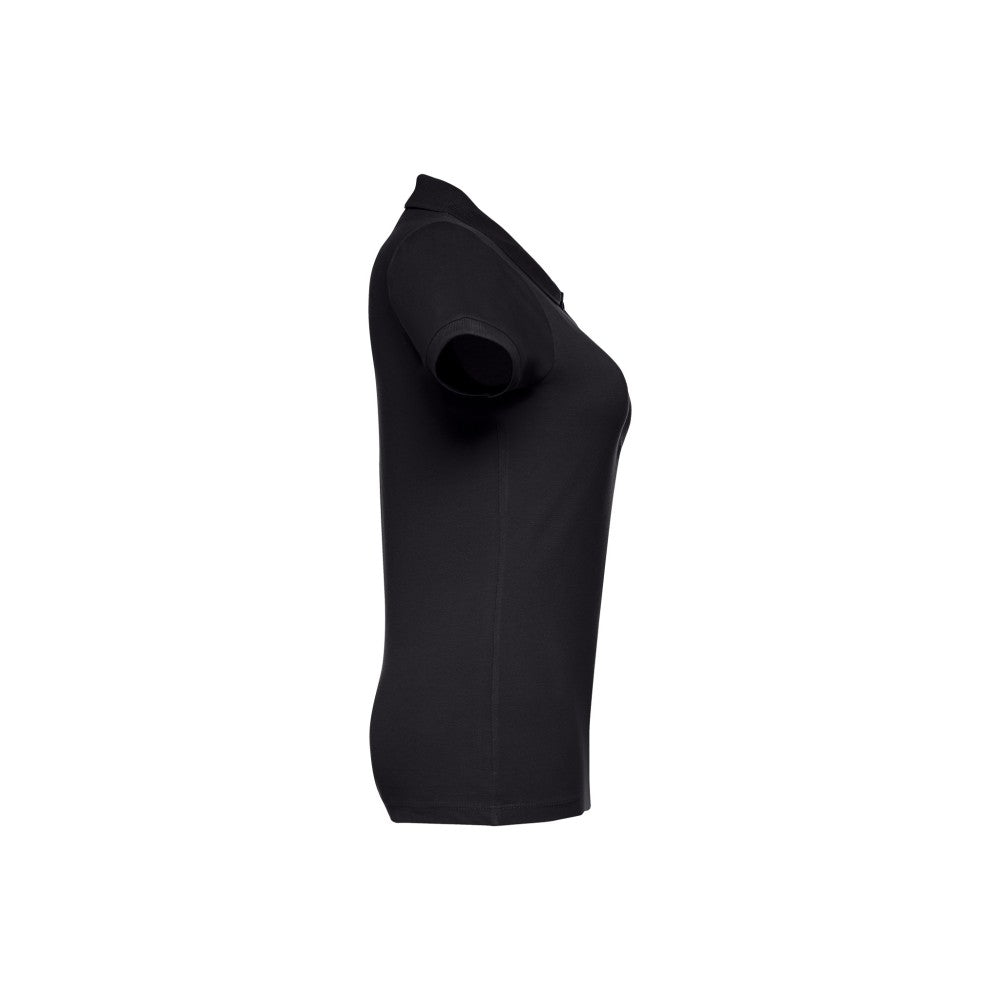 Damen Pique Poloshirt schwarz Produktfoto Seitenansicht – Markendruckerei DTF