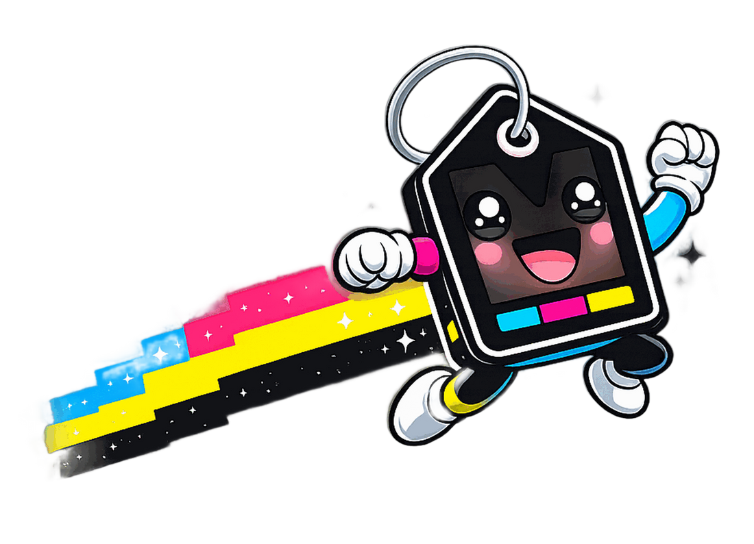 Das Textiltag — die Markenfigur der markendruckerei: ein bedrucktes Etikett mit CMYK-Schweif.
